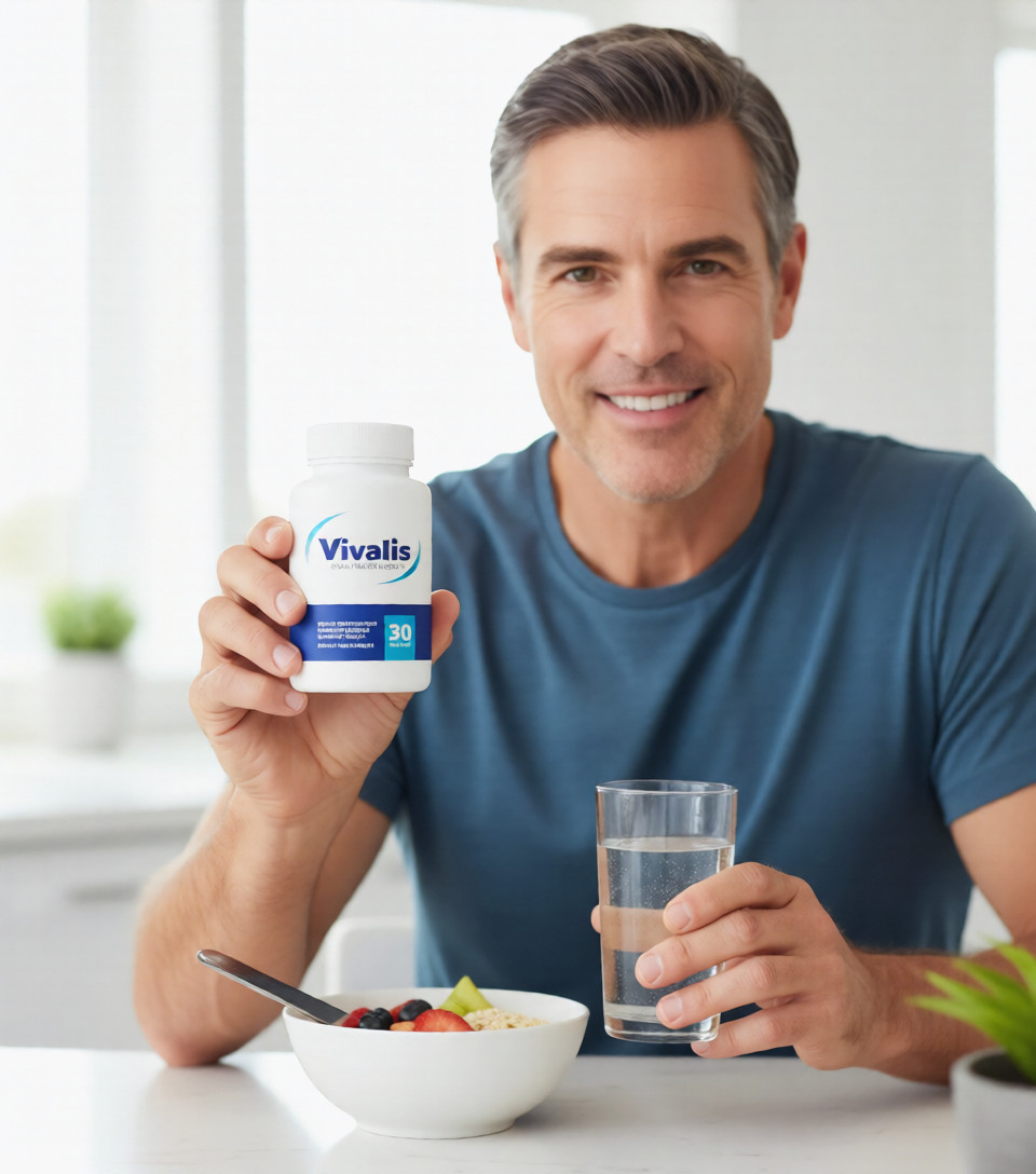 Smiling customer holding a supplement bottle and a glass of water
